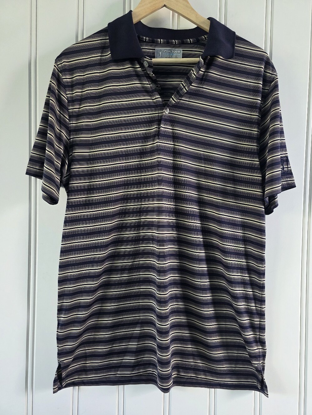 PGA Tour Short Sleeve Golf Polo Shirt Navy Blue Cream Stripe Mens Large
